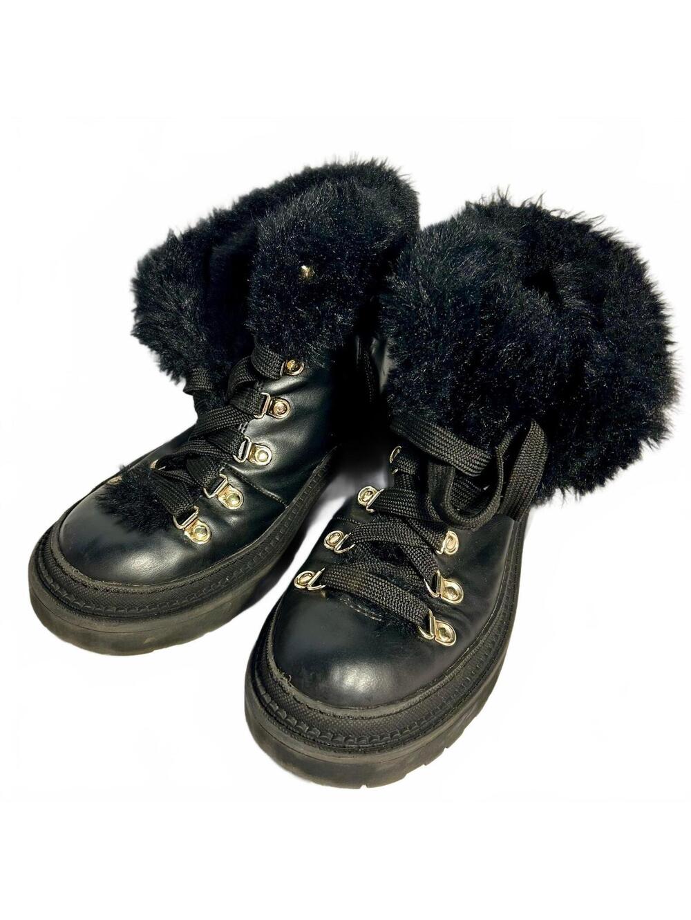 ON 34th Steffii Womens 7 Black Faux Fur Lace Up Lug Sole Combat Boots Y2K